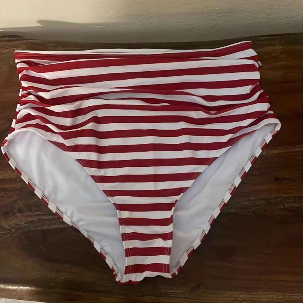 Holipick Red White Striped Ruched High Waist Bikini Bottom XL 16 NWOT